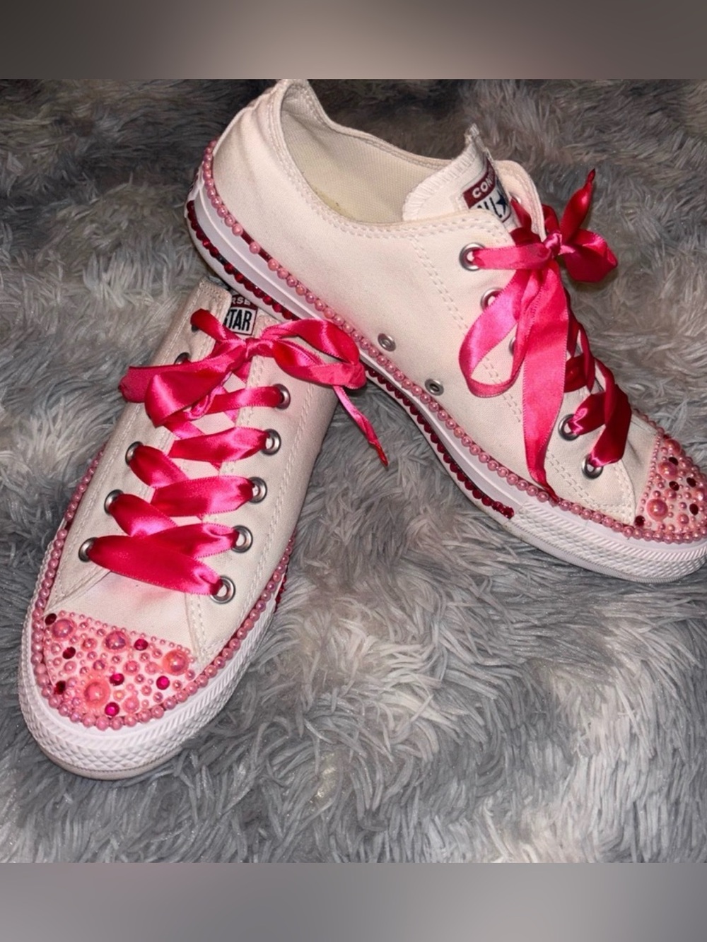 Converse Women's Custom Made Pink and White embellished Sneakers 10